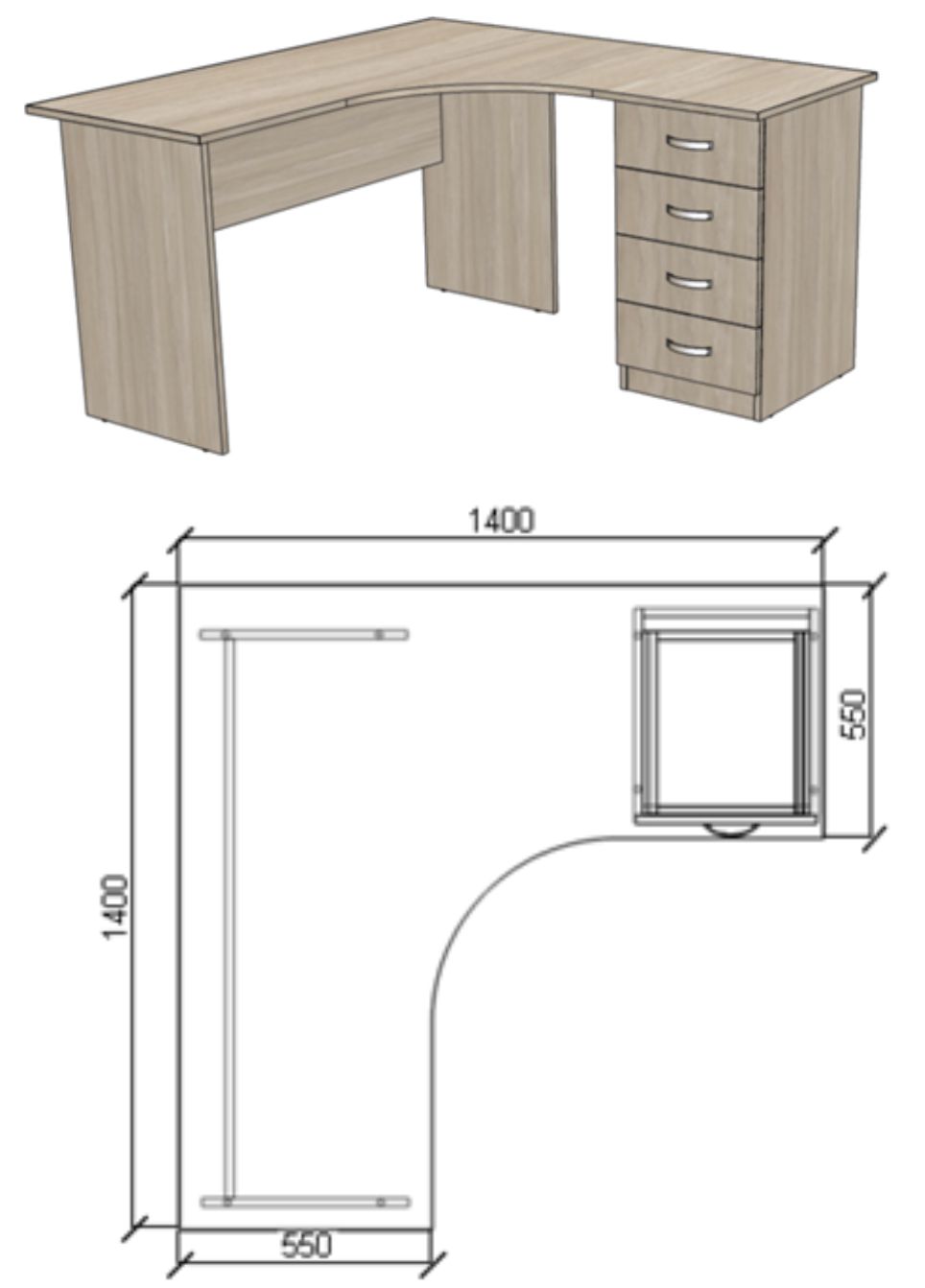 Стіл кутовий з тумбою (1400x1400х750мм.) Меблі КС